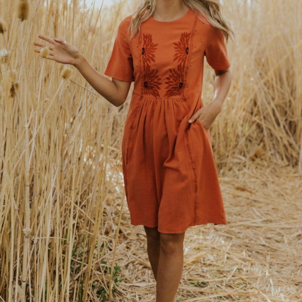 NWT Roolee Terracotta Orange Dress with Floral Embroidery Size Medium